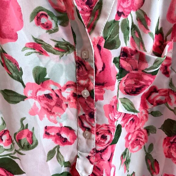 I Live 4 Truth Blouse Women Size L Pink Floral Hi Low Hem Roll Tab Sleeve - Picture 3 of 11